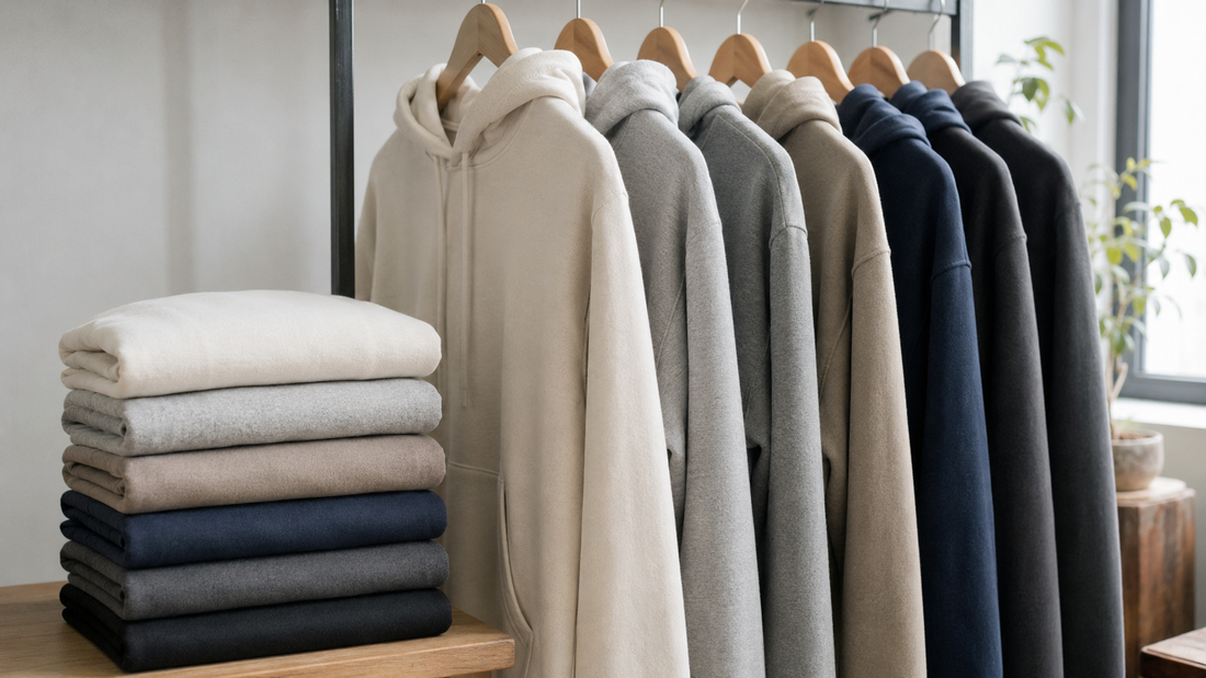 Selection of hoodies showing different weights and fits in a clean wardrobe