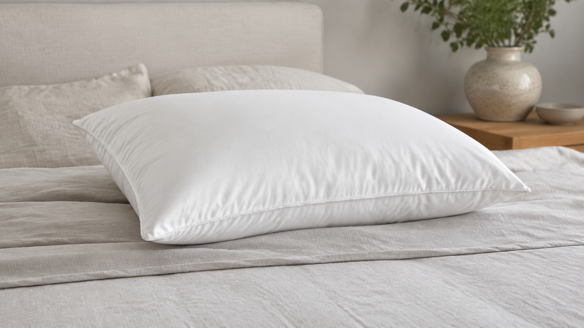 Unbranded hypoallergenic pillow with a clean removable cover on a neutral bed