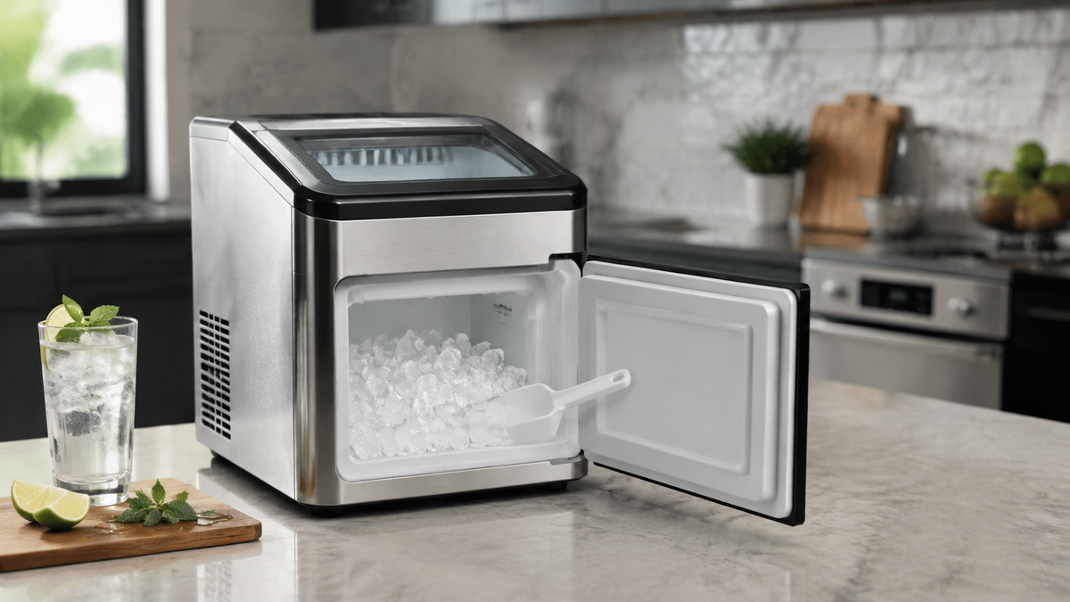 Unbranded countertop ice maker with insulated refrigerated-style storage