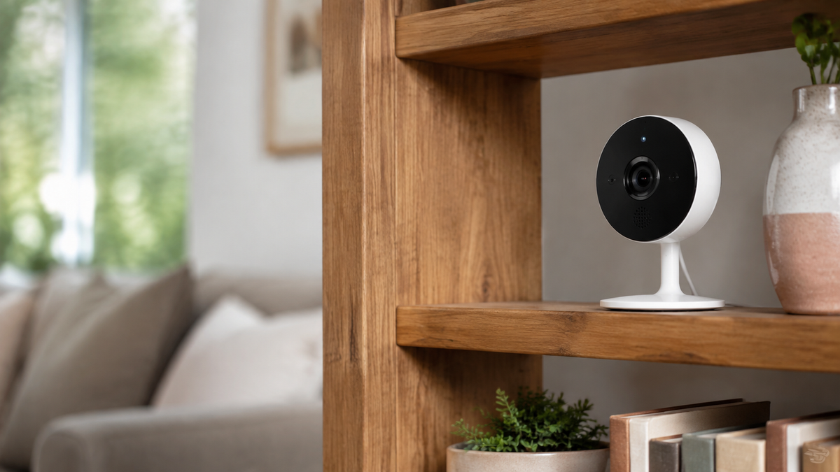 Unbranded indoor security camera with audio placed visibly on a shelf