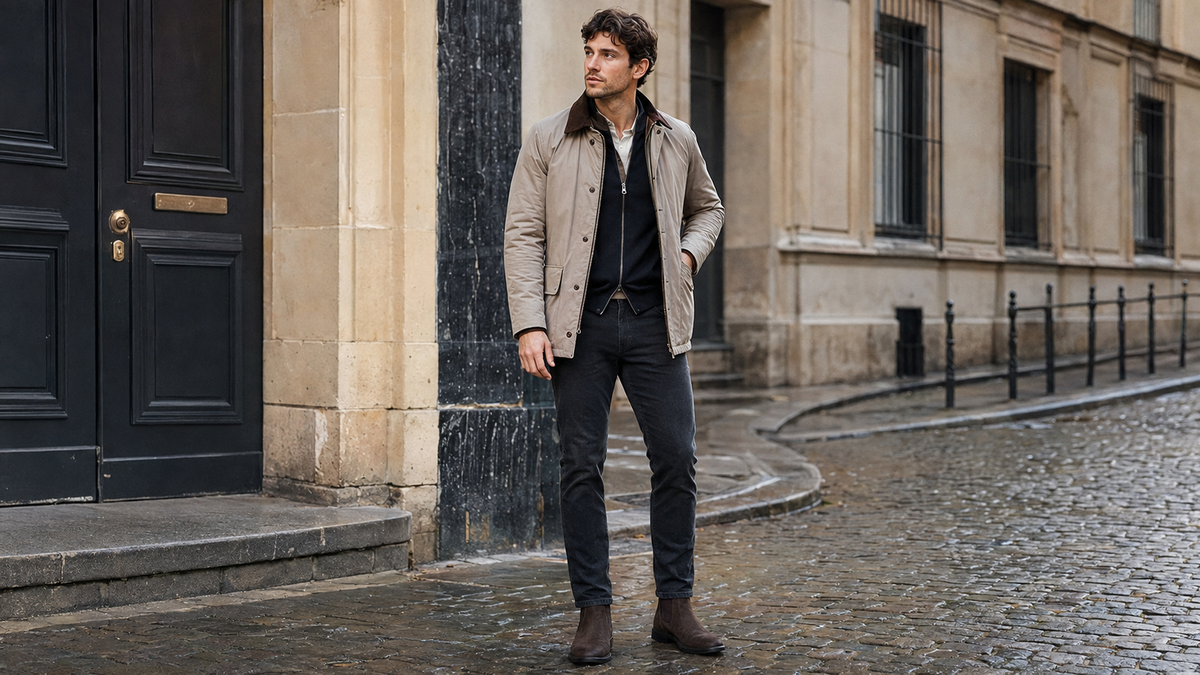 Adult model layering a versatile neutral jacket in a city setting