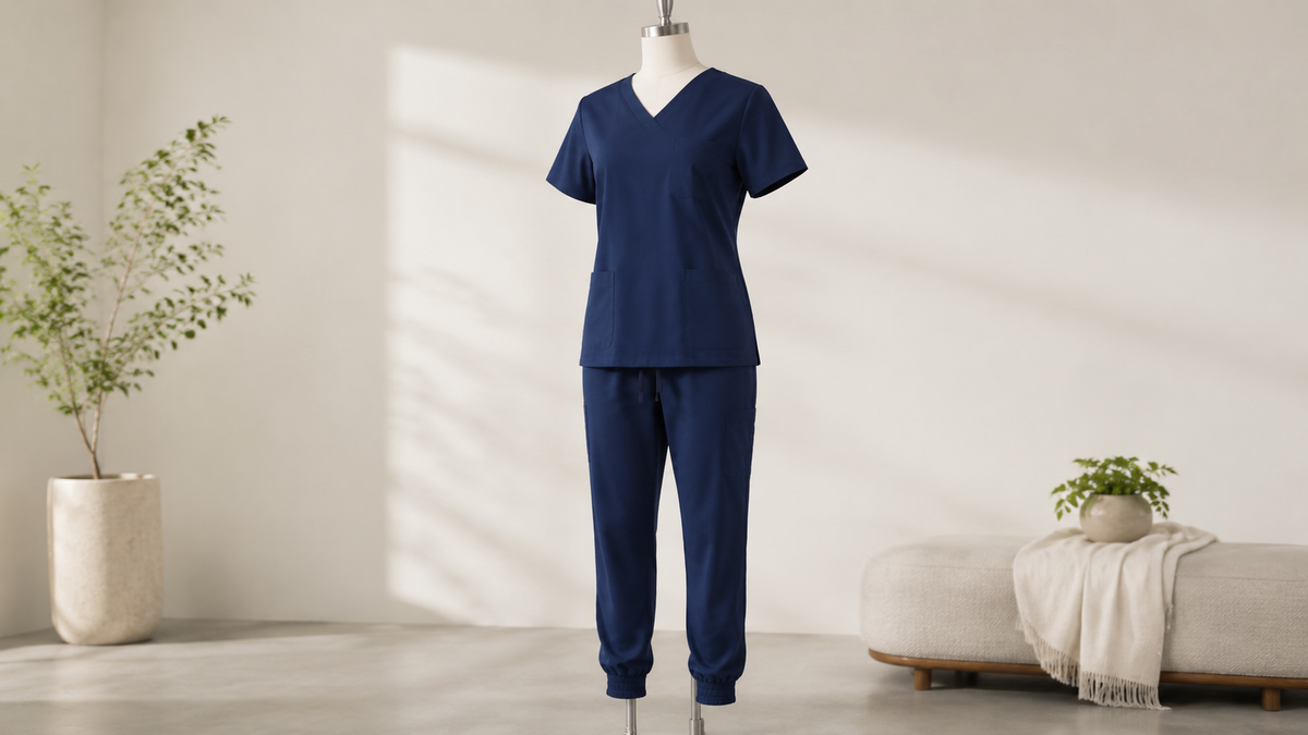 Jogger-style medical scrubs showing cuffs and practical pockets