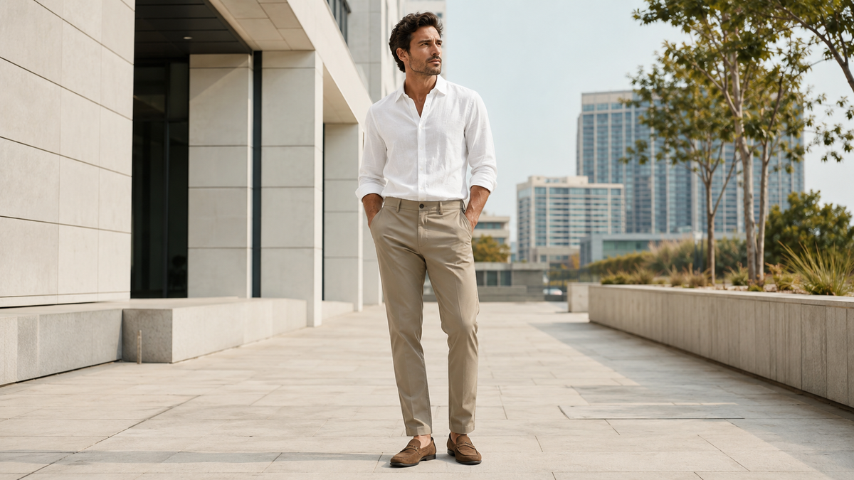 Adult model wearing tailored khaki pants in a modern urban setting