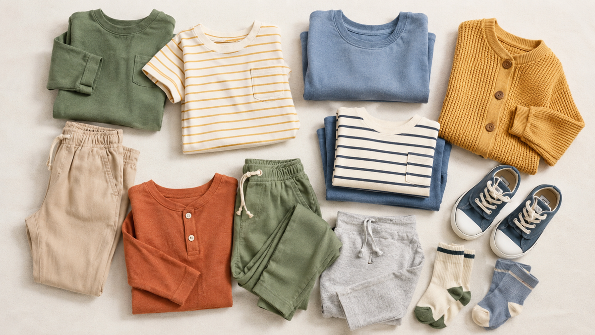 Colorful practical kids clothes arranged neatly on a neutral surface
