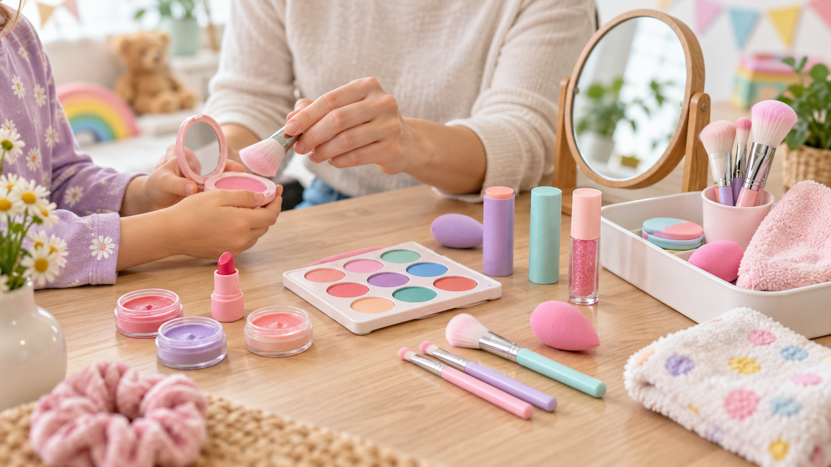 Adult supervising colorful kids makeup play at a clean tabletop