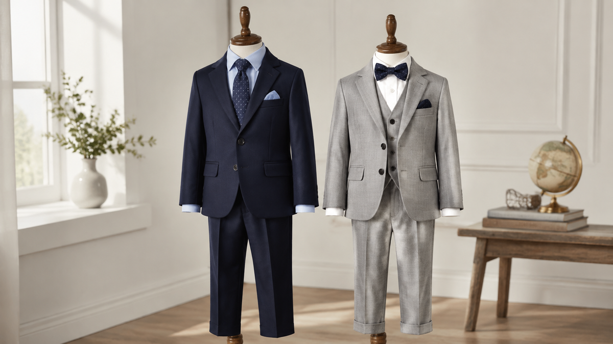 Children's navy and grey suits displayed on child-size mannequins