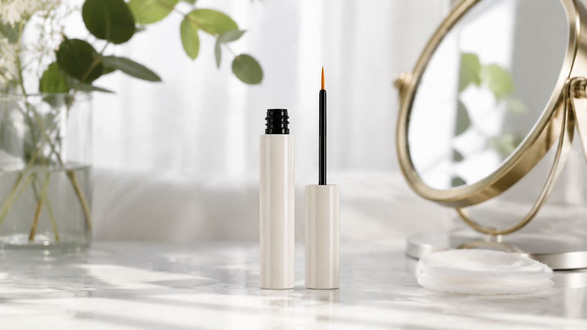 Generic unlabeled lash serum and applicator on a clean vanity