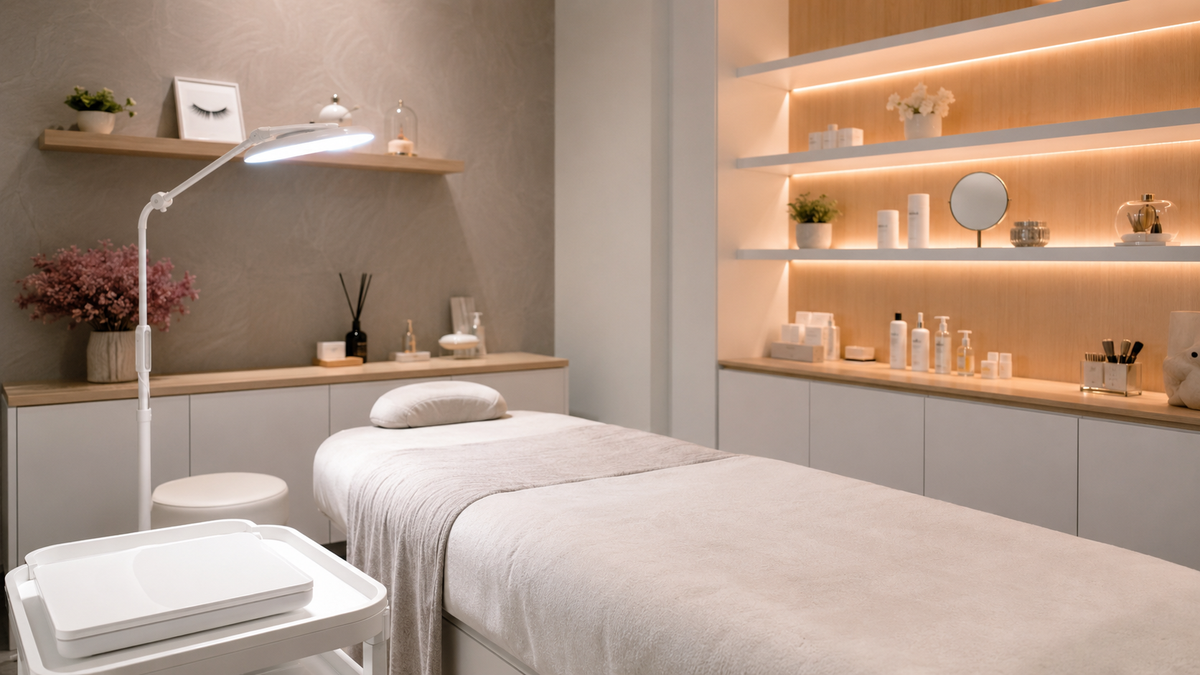 Clean organized eyelash service studio with treatment bed and tools tray