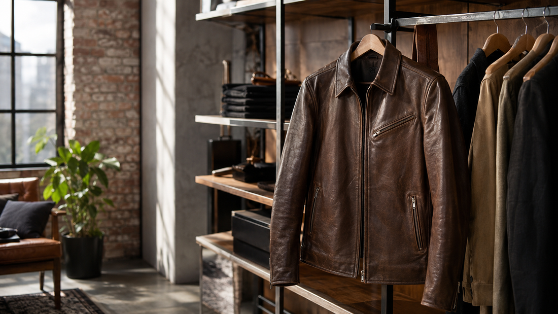 Classic leather jacket hanging in a modern loft wardrobe