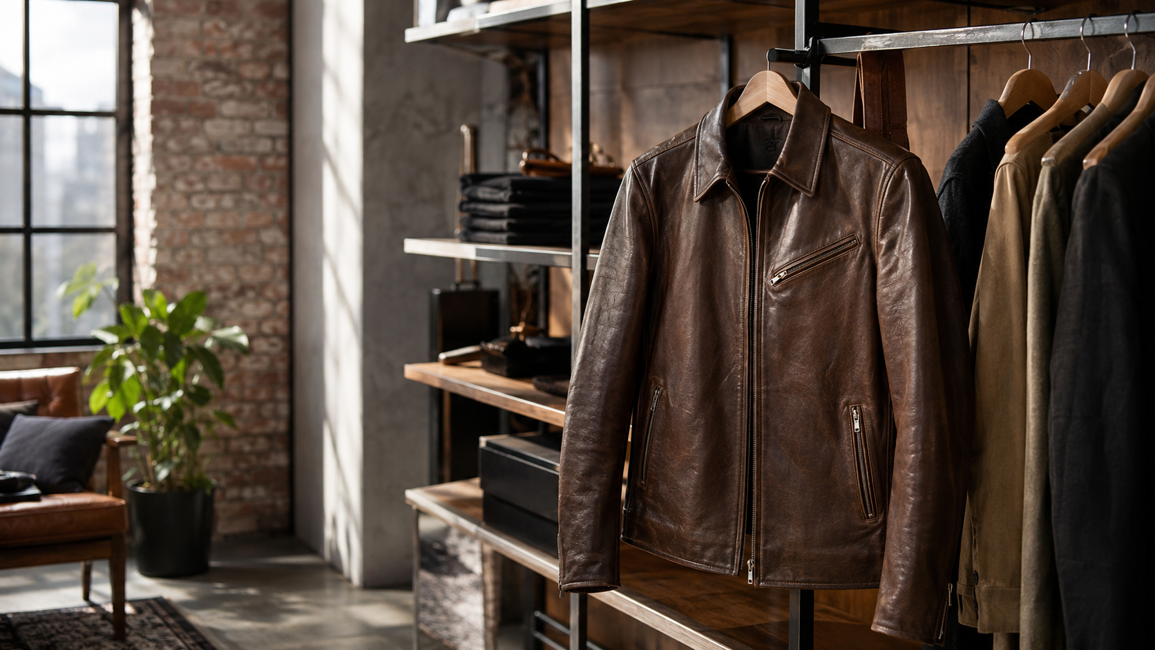 Classic leather jacket hanging in a modern loft wardrobe