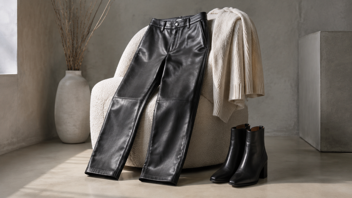 Black leather pants styled with a neutral knit top and ankle boots