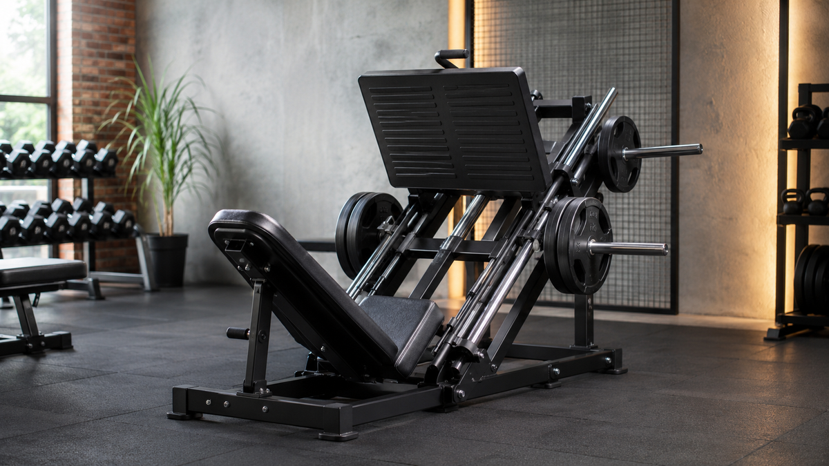 Unbranded leg press machine showing footplate, rails, seat, and safety stops
