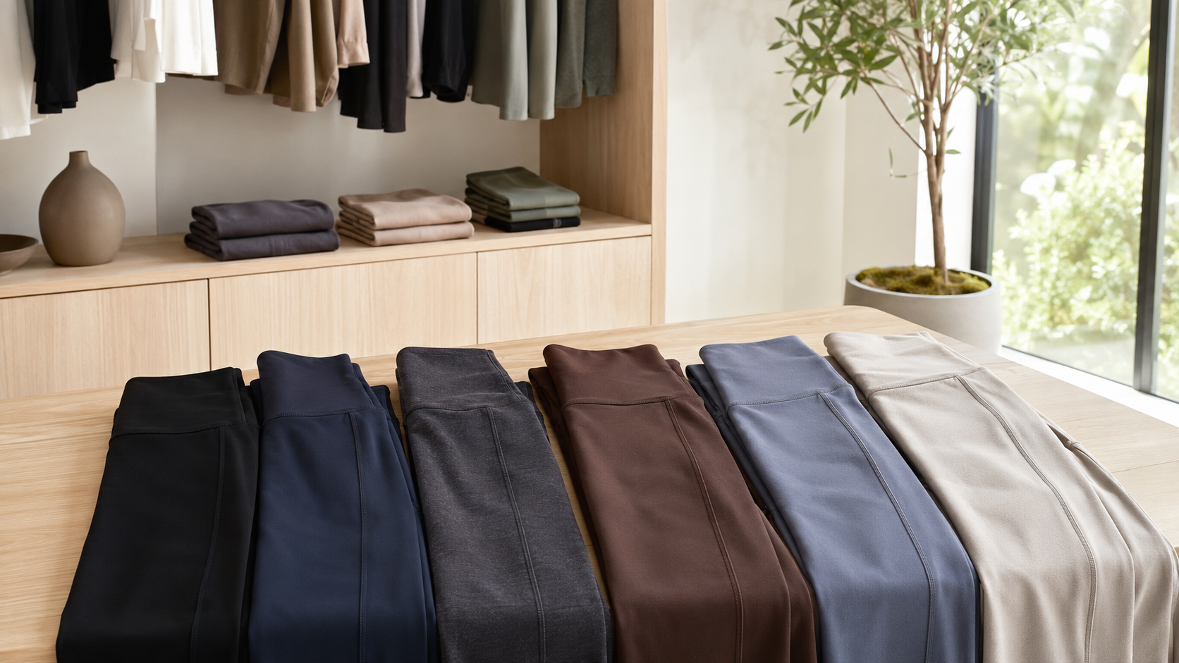 Athletic and everyday leggings arranged in a modern studio wardrobe
