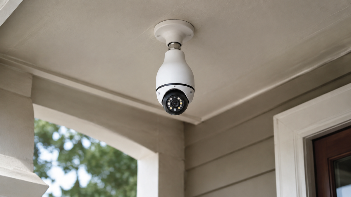 Unbranded light bulb camera installed in a covered home entry