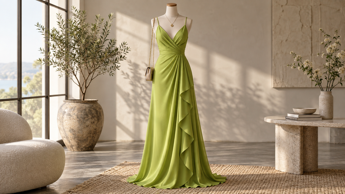 Lime green dress with fluid drape in a neutral studio
