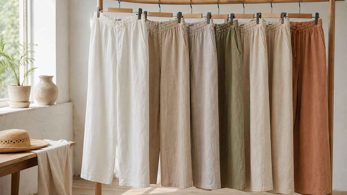 Linen pants in several relaxed cuts arranged in a light summer wardrobe