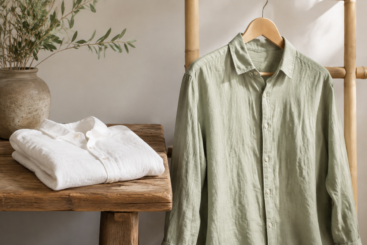 White and sage linen shirts showing natural weave and relaxed drape