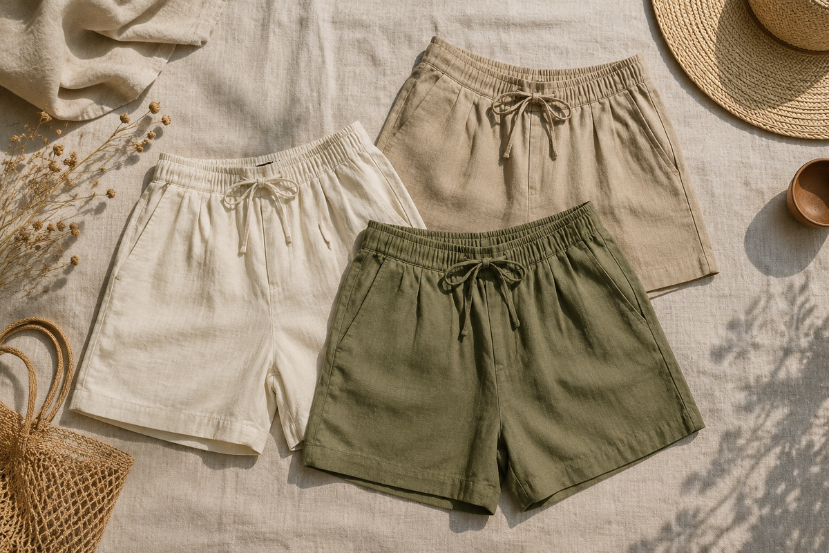 Unbranded linen shorts in neutral summer colors arranged on a natural fabric backdrop