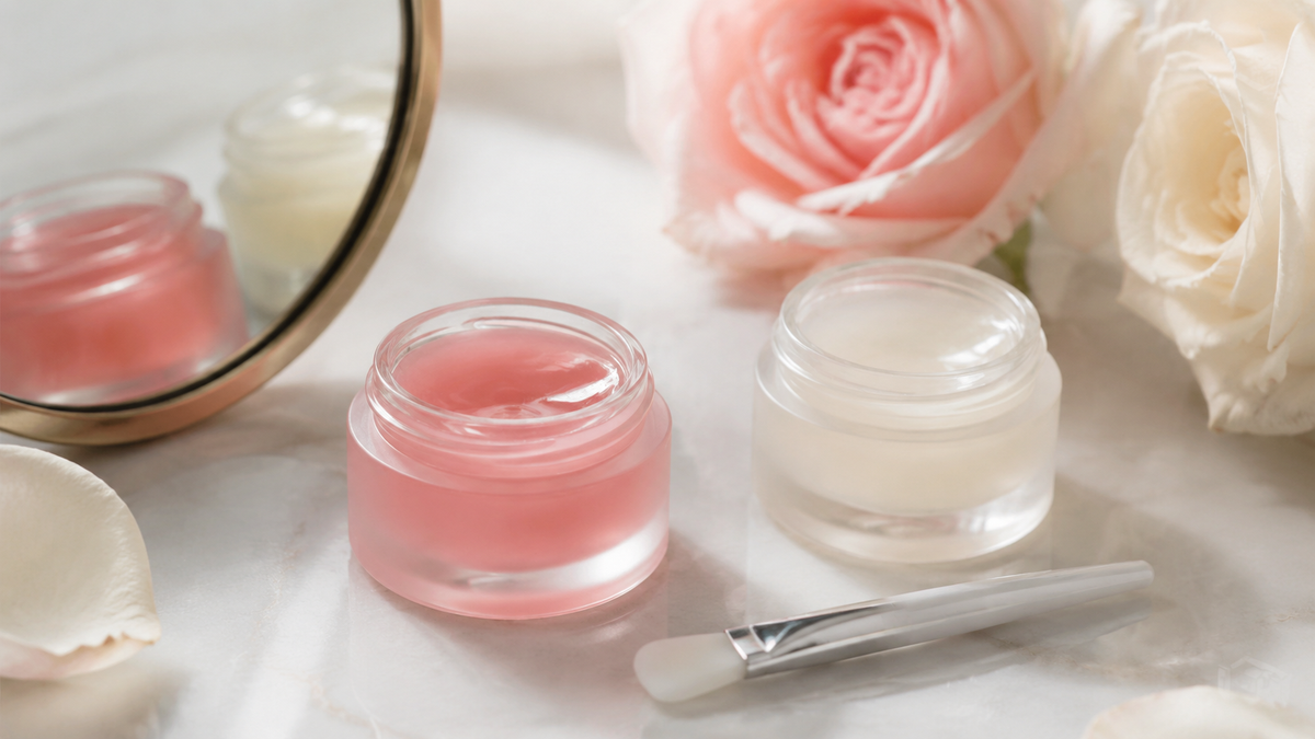 Unbranded lip mask jars and applicator in a clean beauty setting