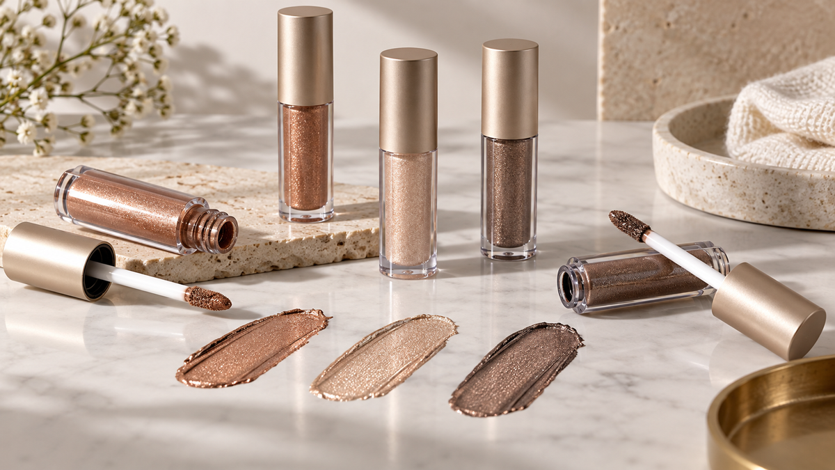 Liquid eyeshadow tubes applicators and metallic swatches