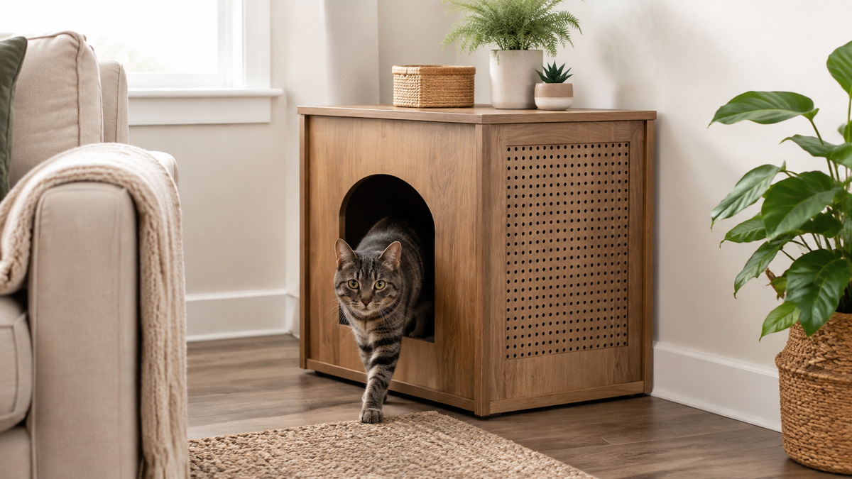 Wooden litter box enclosure integrated into a clean living room