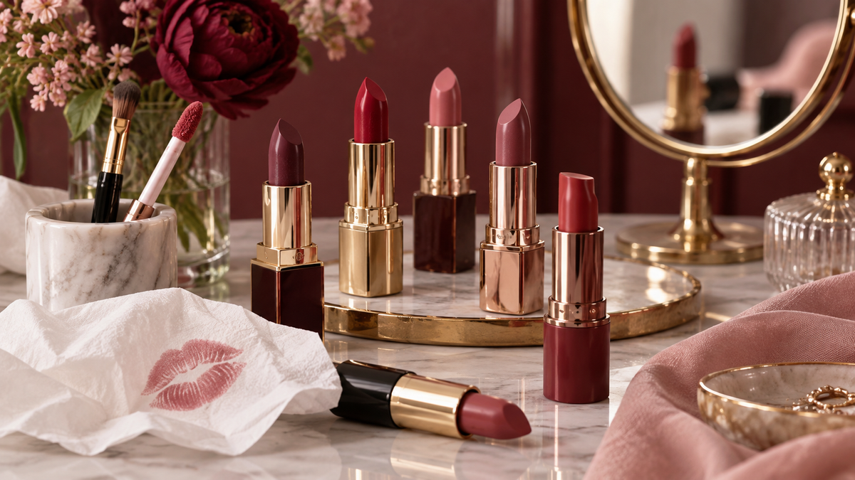 Unbranded long-lasting lipstick shades arranged on an elegant vanity