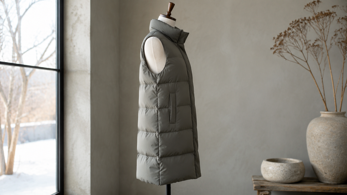 Long quilted puffer vest displayed on a mannequin
