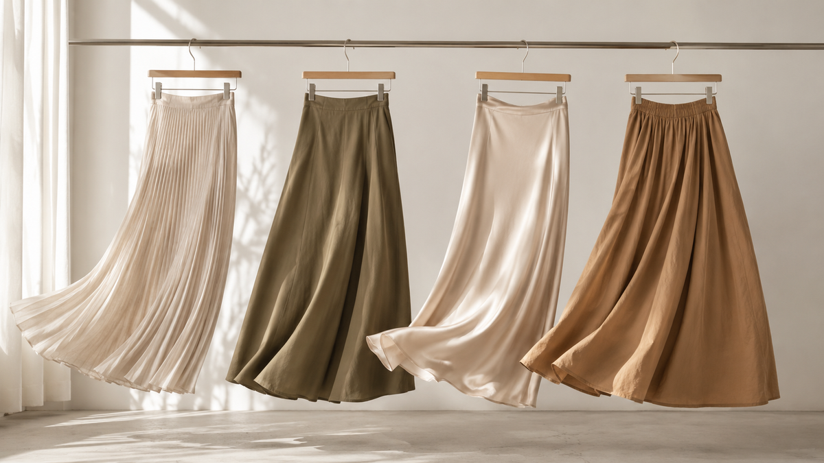Long skirts in pleated, A-line, satin-like, and cotton textures
