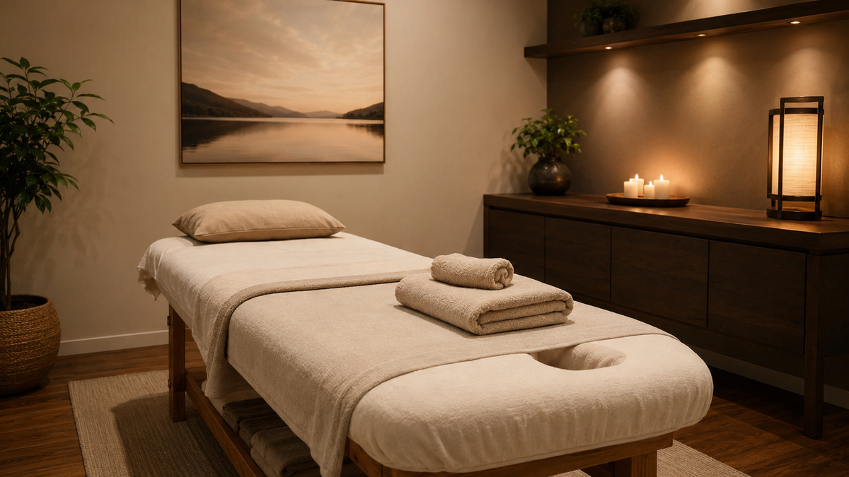 Clean calm professional massage therapy room with treatment table