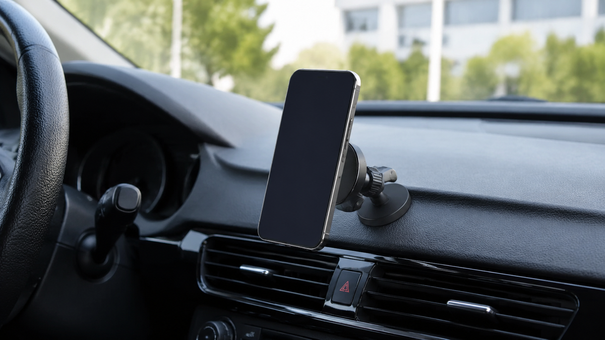 Unbranded magnetic phone holder mounted in a clean car interior
