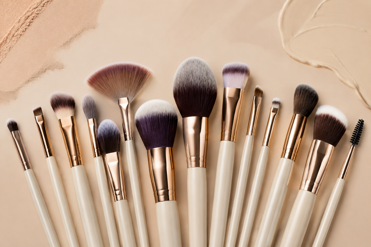Clean makeup brushes with varied head shapes arranged on a neutral surface