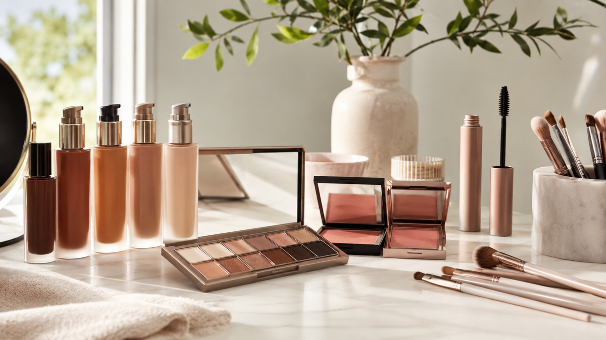 Unbranded makeup collection with complexion eye cheek and brush products