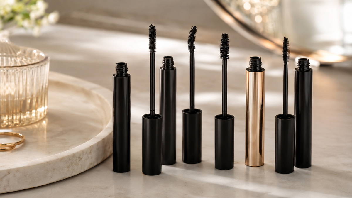 Unbranded mascara tubes and applicator wands on a refined beauty vanity