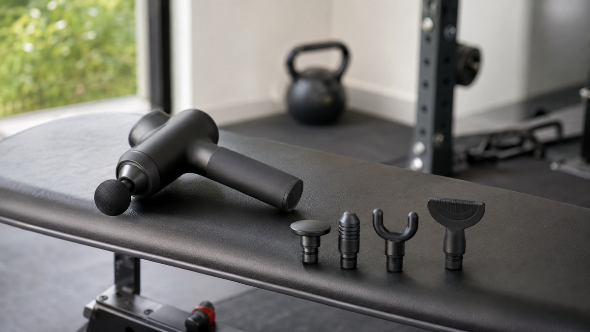 Generic massage gun and attachment heads on a home fitness recovery bench