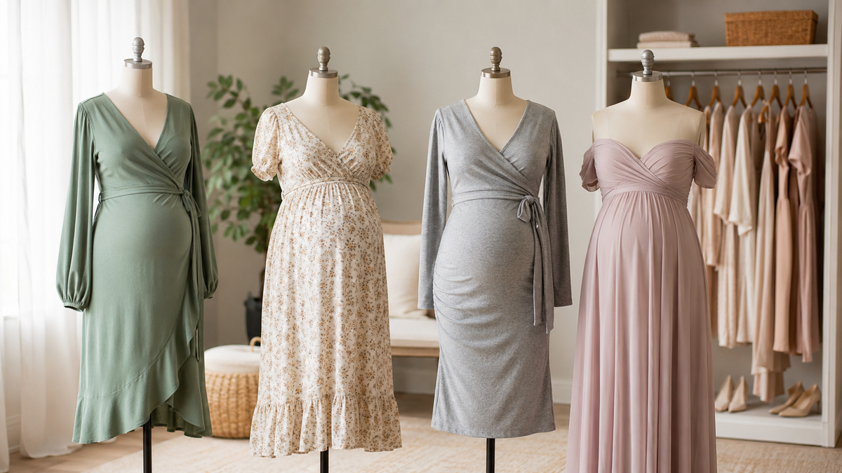 Wrap empire knit and occasion maternity dresses on pregnancy garment forms