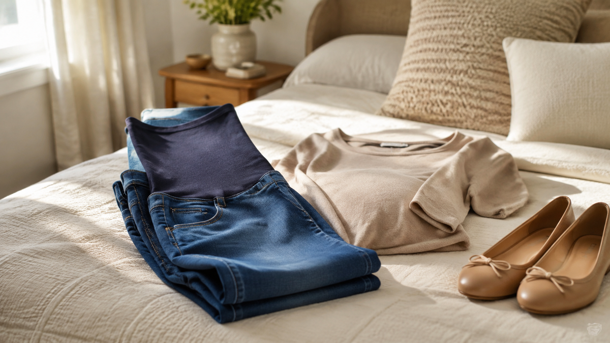 Maternity jeans with stretch belly panel arranged with neutral clothing