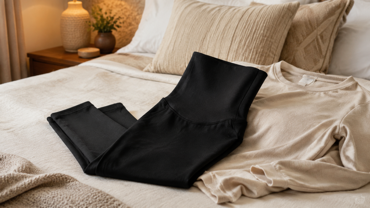 Black maternity leggings with a soft stretch belly panel