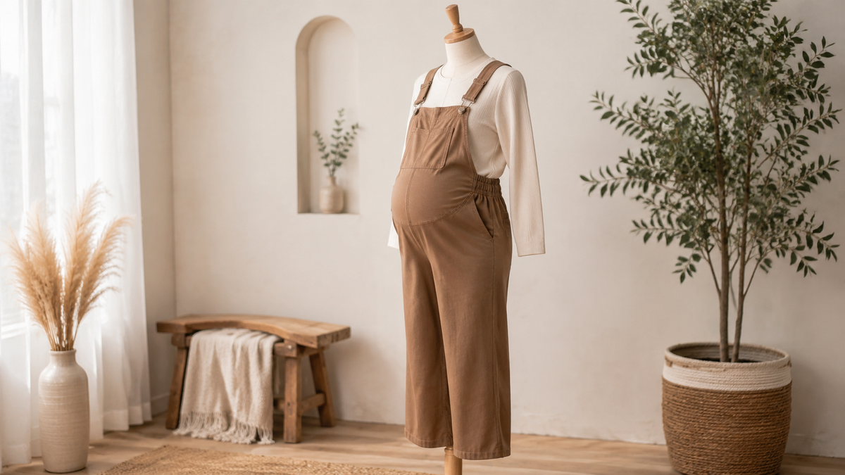 Maternity overalls displayed with adjustable straps and side shaping