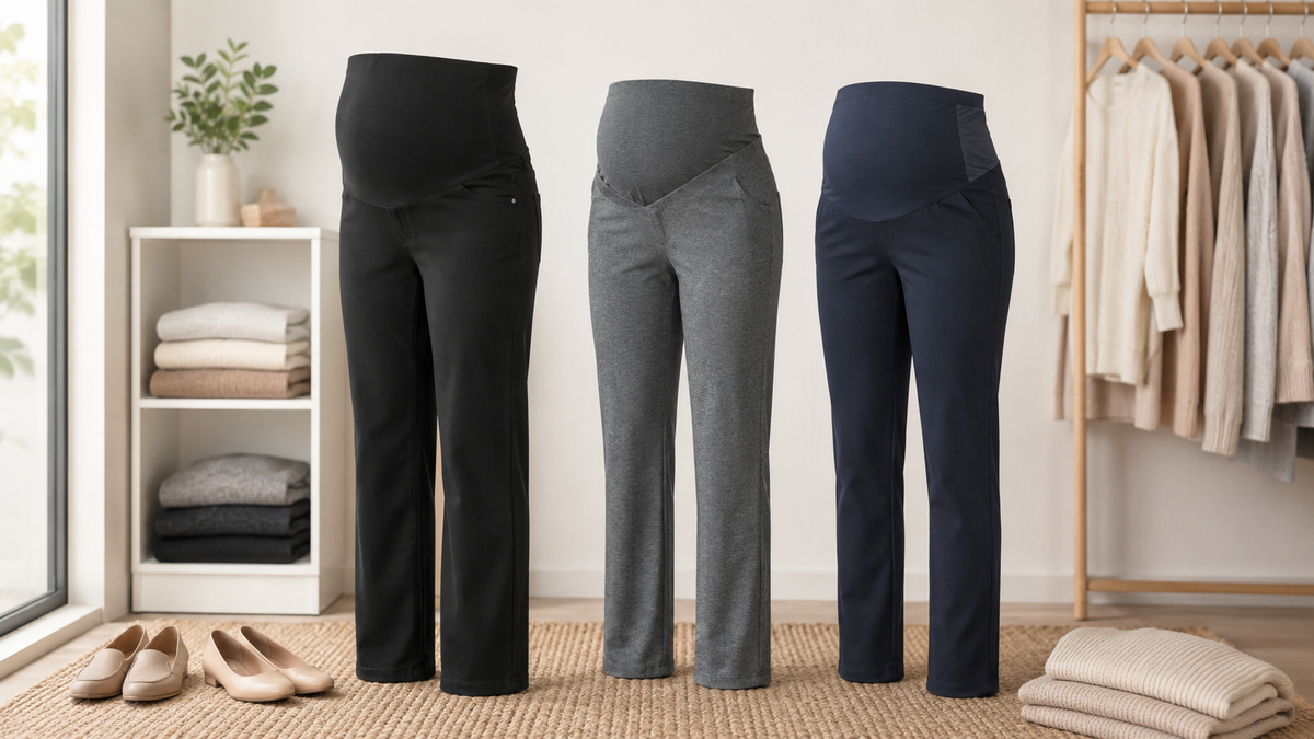 Maternity pants showing over-bump and side-panel waist designs