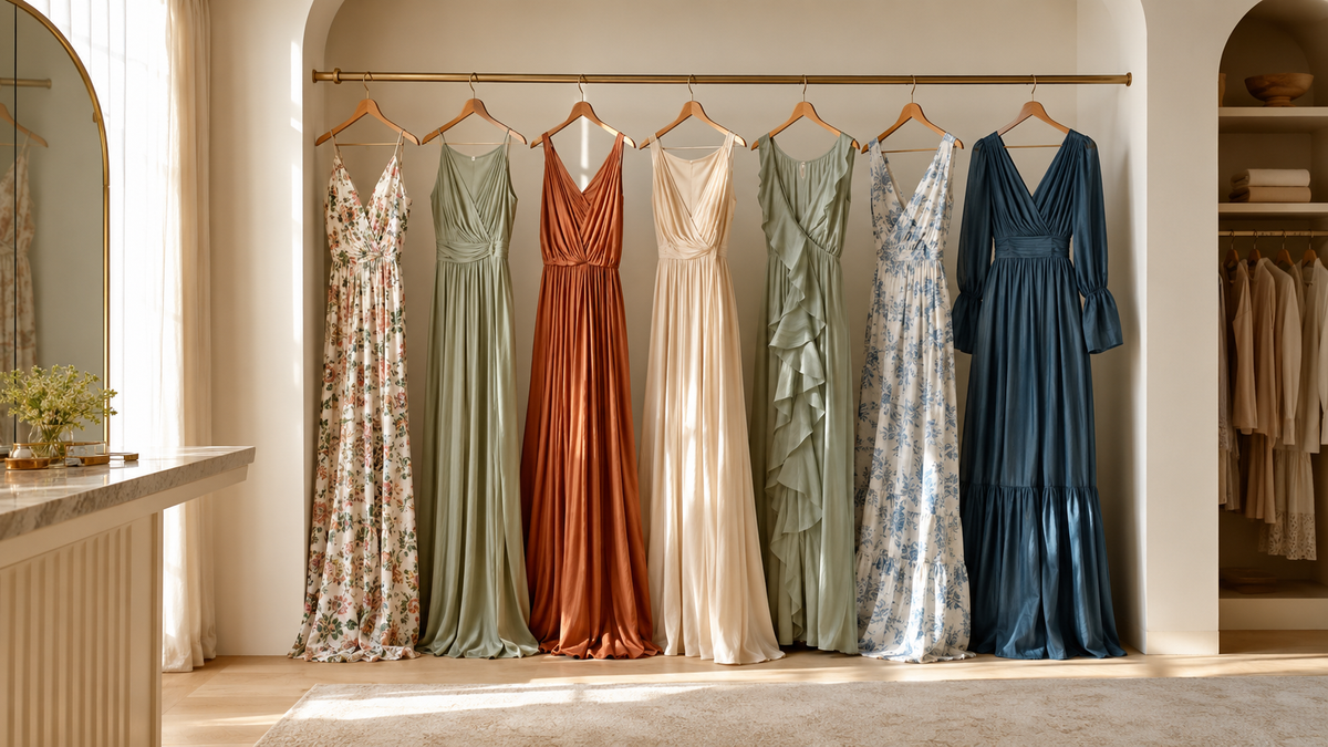 Maxi dresses in varied full-length silhouettes in an elegant dressing room