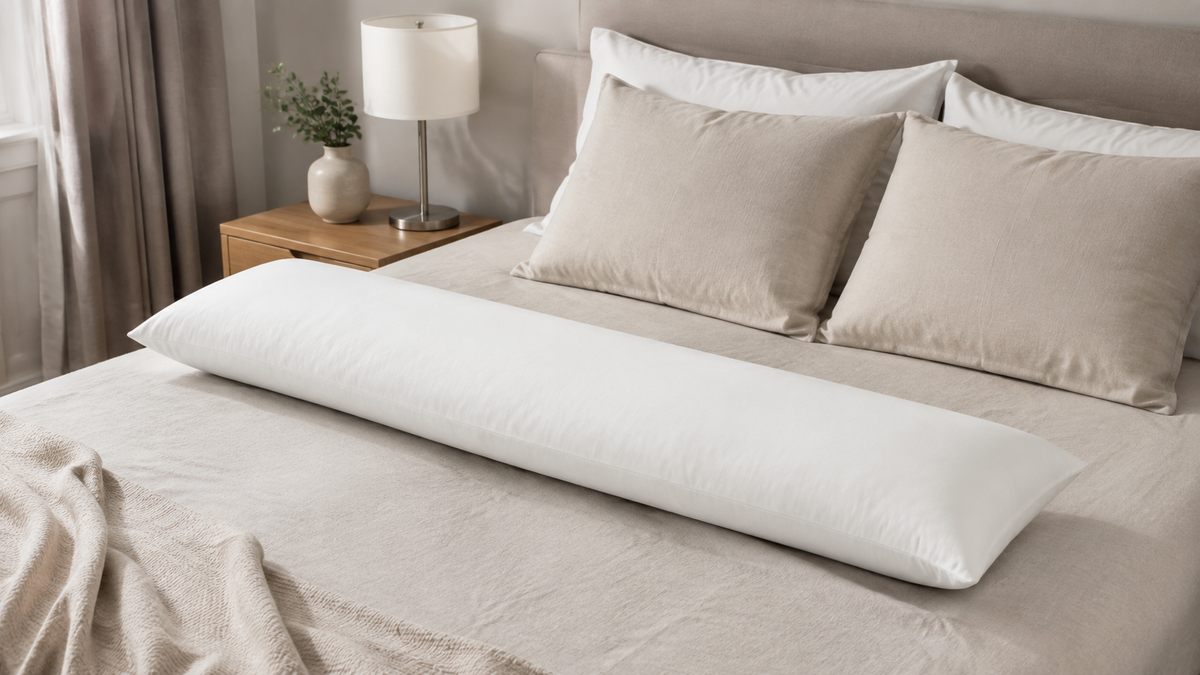 Unbranded memory foam body pillow on a spacious neutral bed