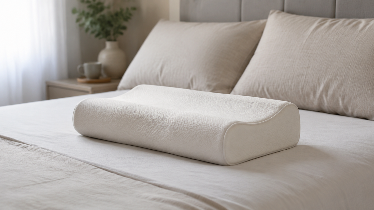 Unbranded contoured memory foam neck pillow on a neutral bed
