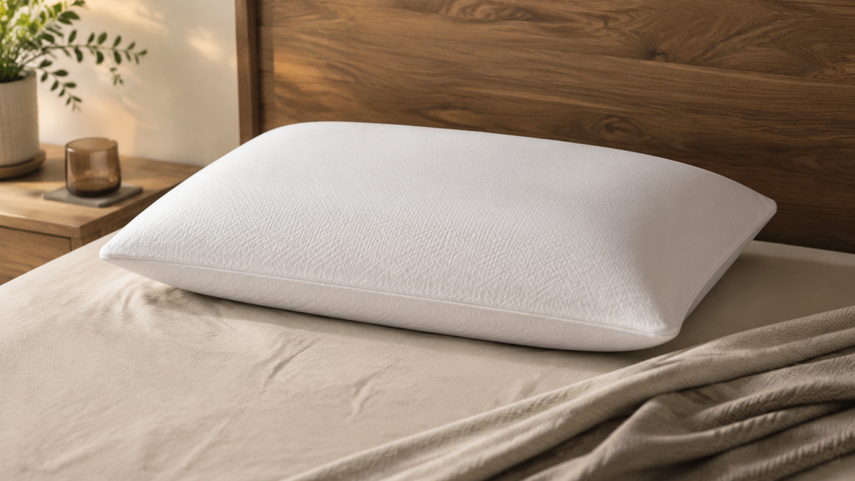 Unbranded memory foam pillow on a neatly made neutral bed