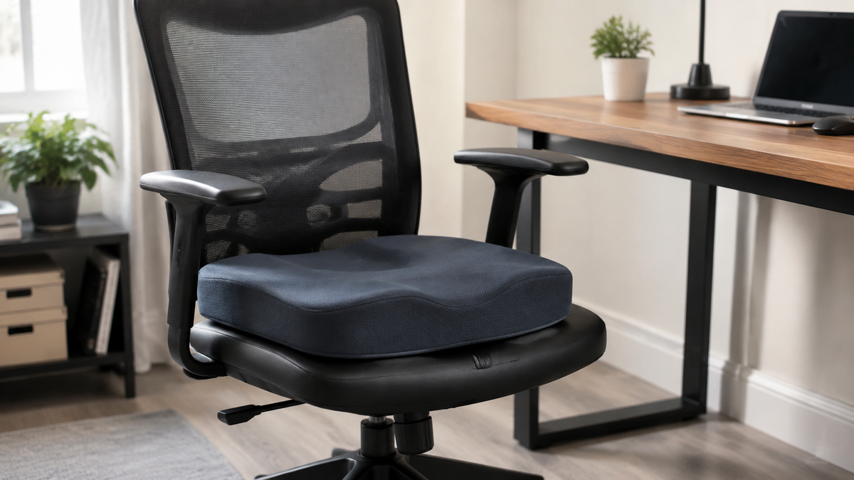 Unbranded memory foam seat cushion on an ergonomic office chair