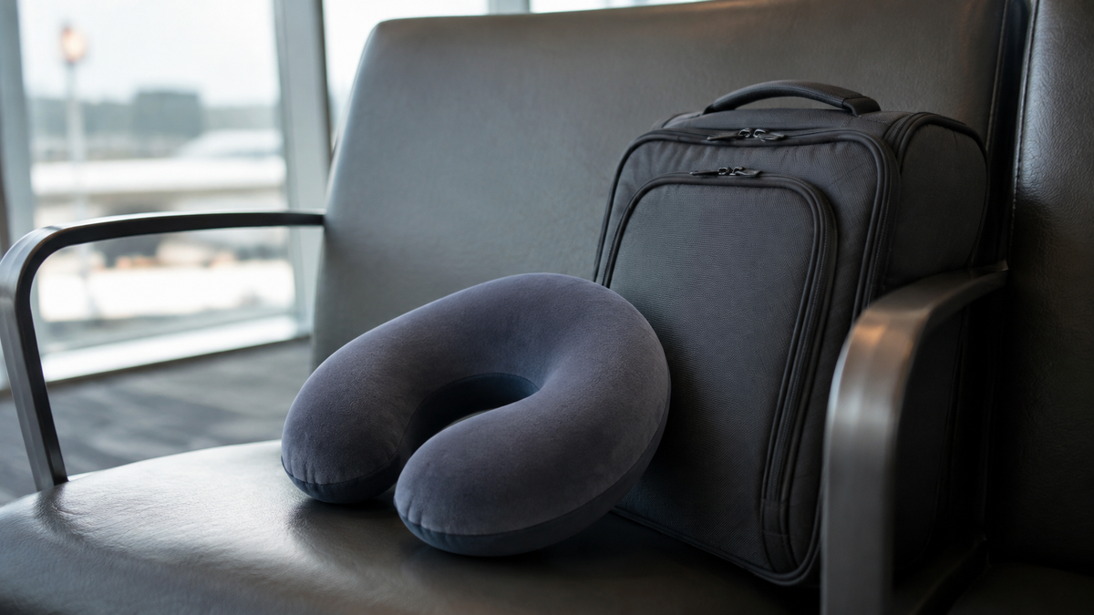 Unbranded memory foam travel pillow beside carry-on luggage