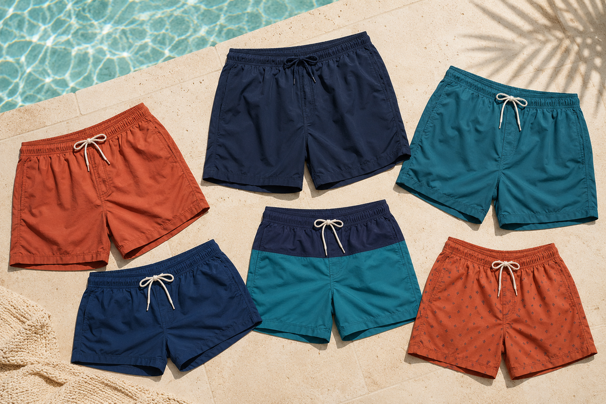 Unbranded men’s bathing suits in varied colors and inseam lengths