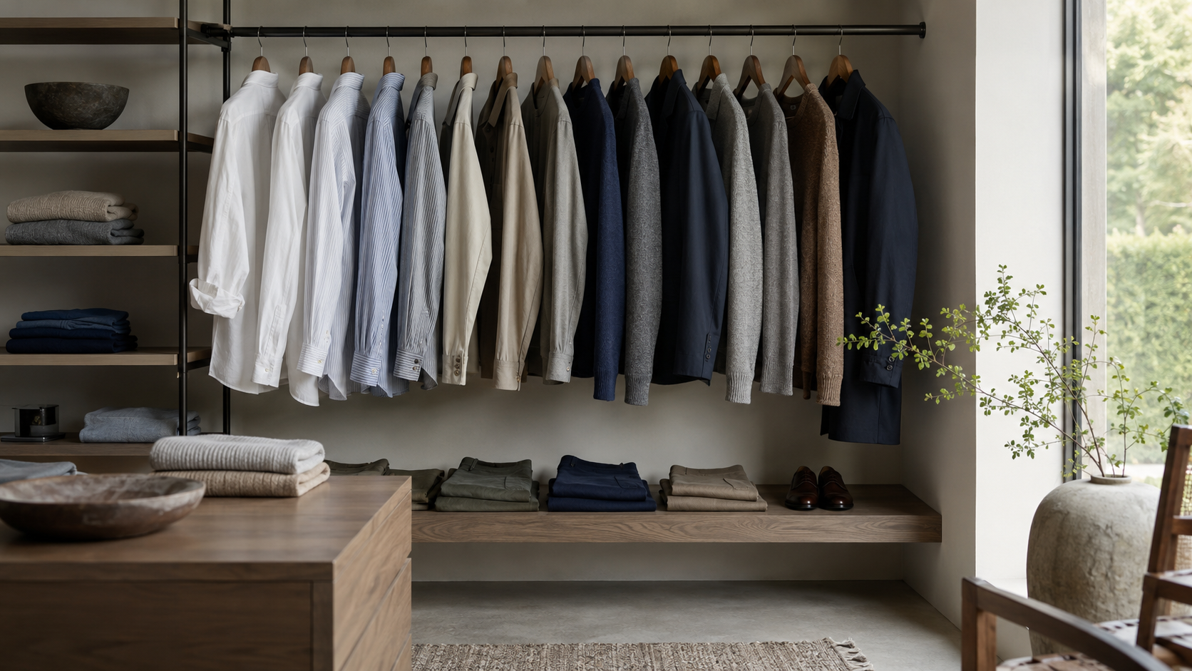 Versatile men's capsule wardrobe with shirts trousers knitwear and jacket