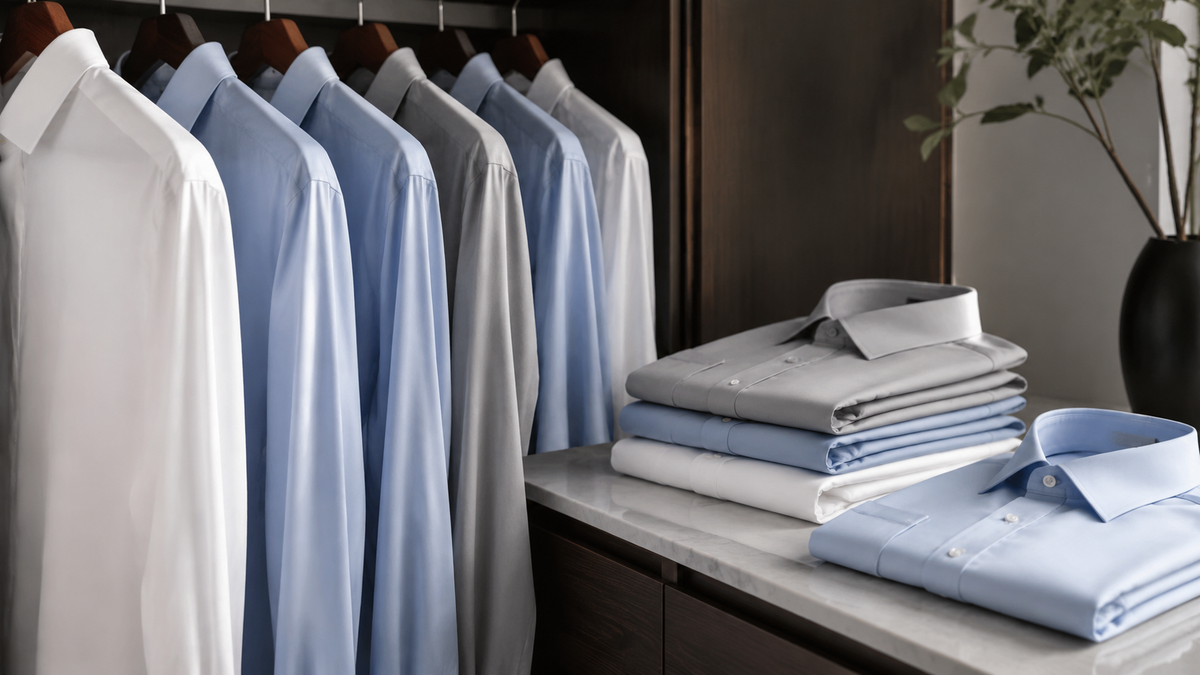 Crisp men's dress shirts in white blue and gray arranged in a wardrobe