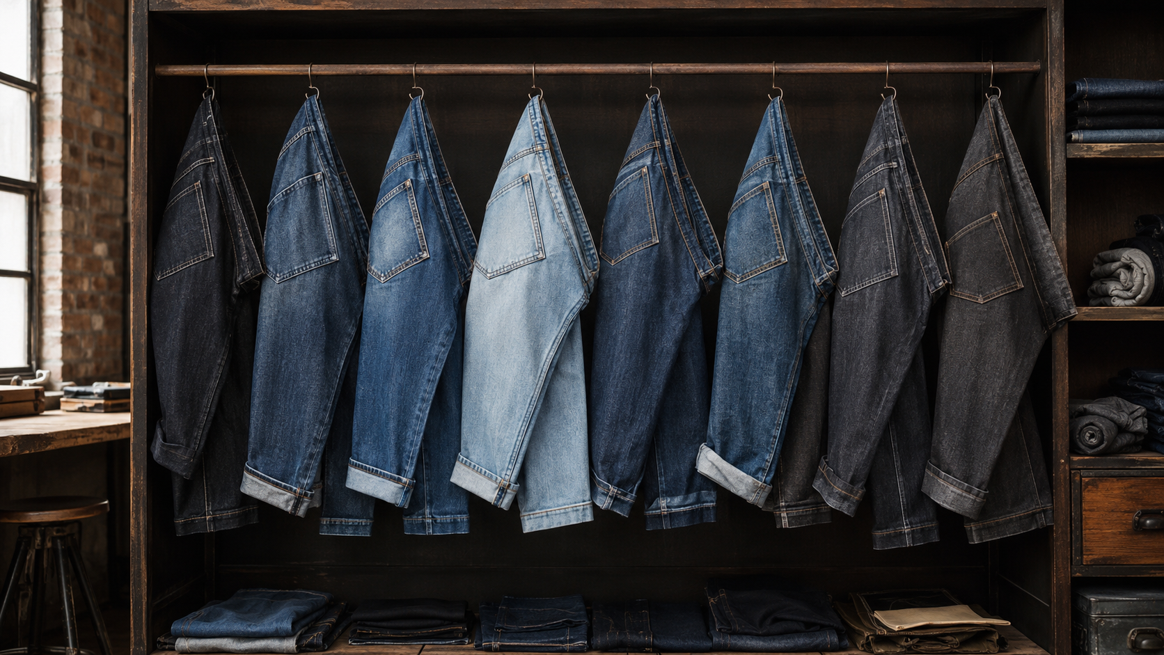 Men's jeans in several washes and leg cuts in a denim-inspired wardrobe
