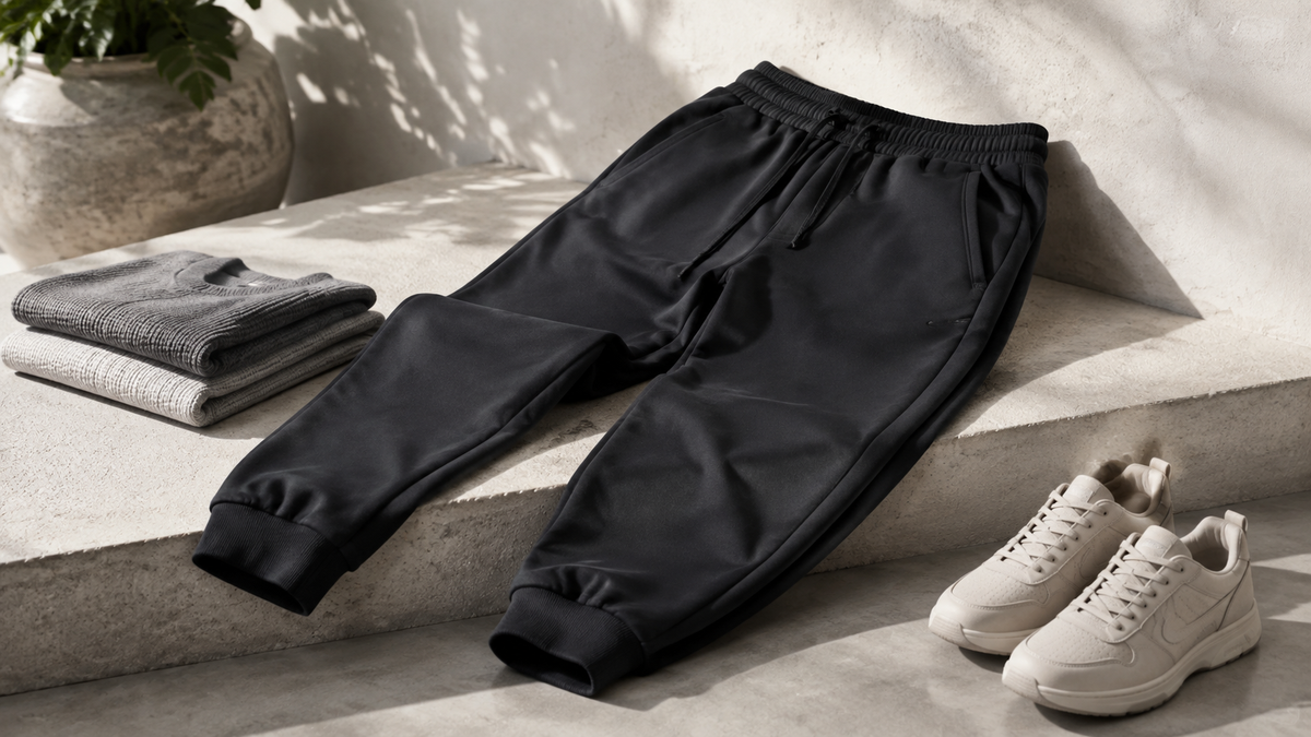 Unbranded men's jogger pants styled with neutral casual layers